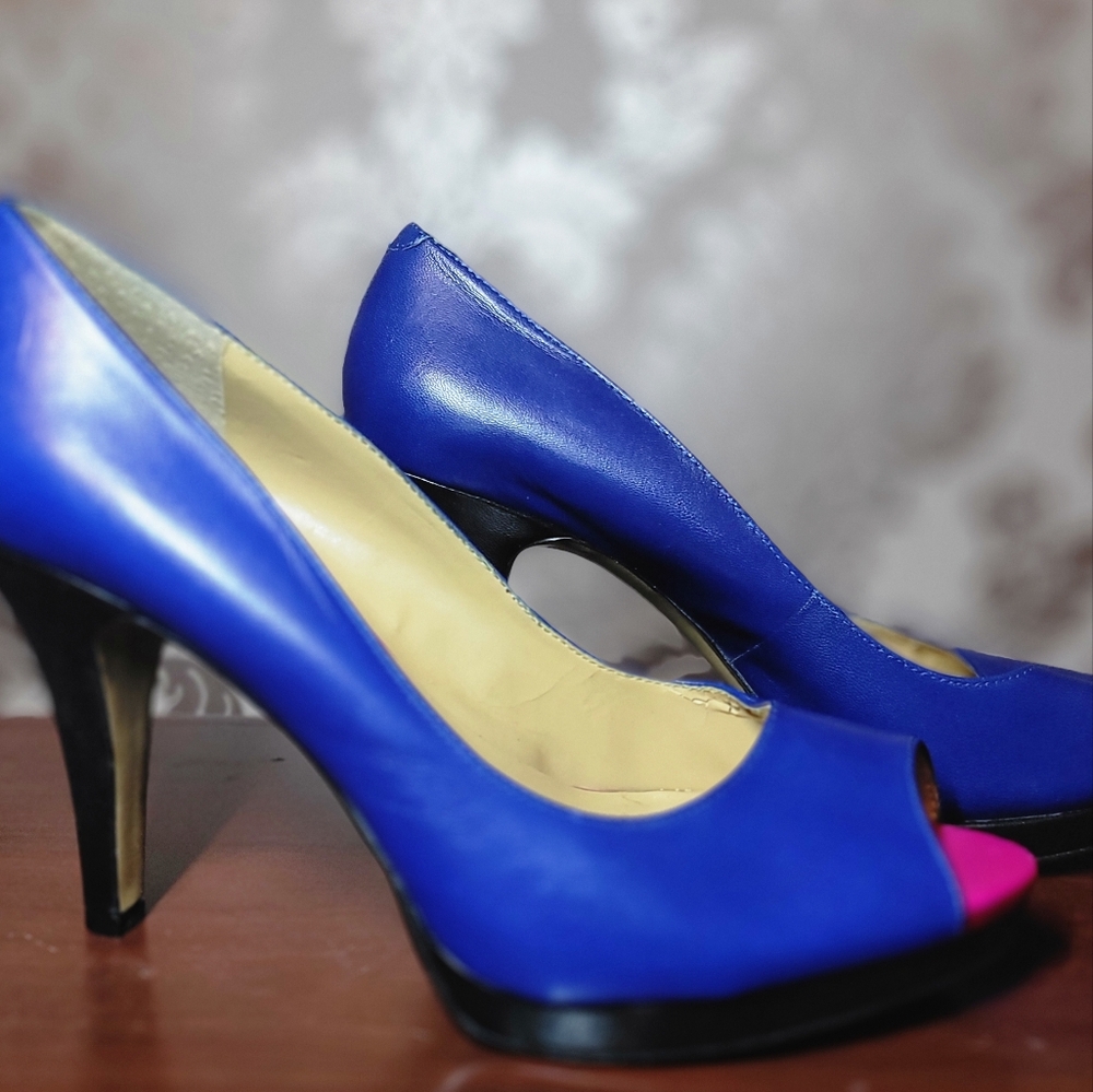 NINE WEST Blue Leather w/Pink Peep Toe Stiletto Heels, Sz 10